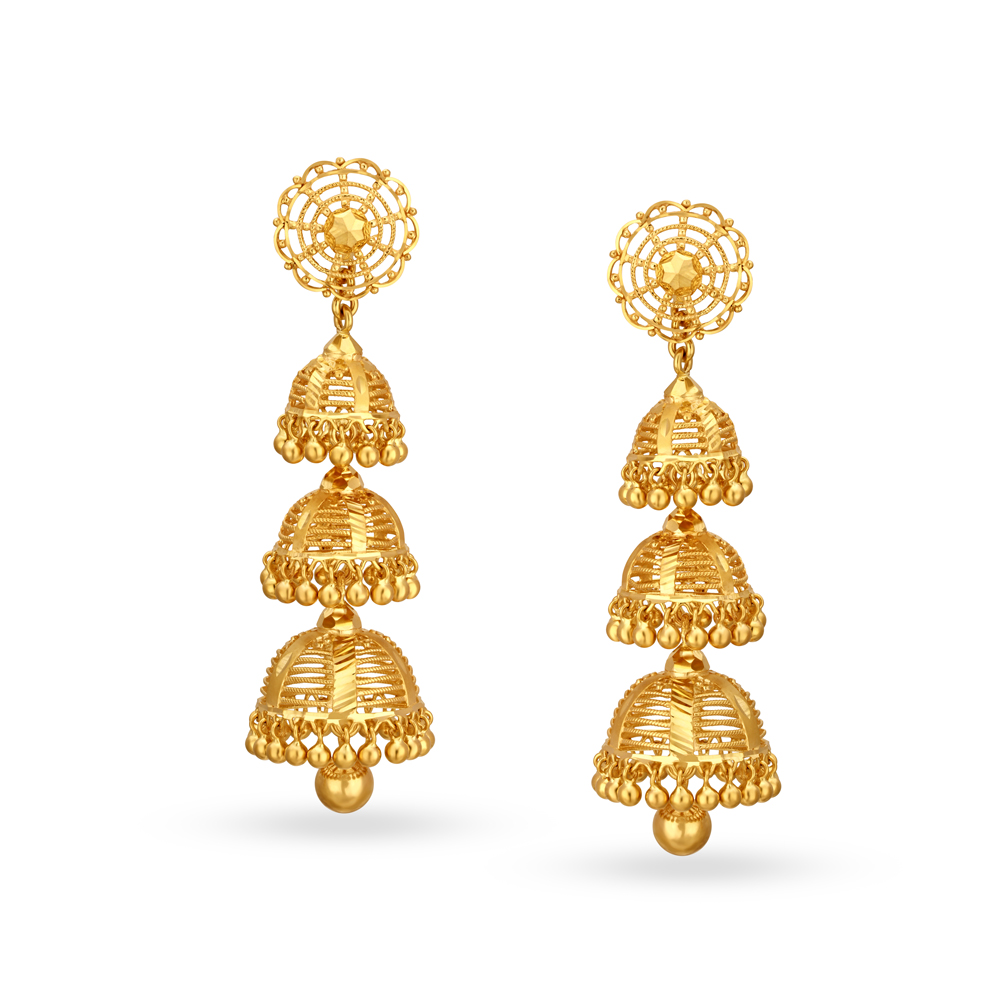 Buy Traditional Elongated Gold Filigree 3 Layer Jhumkas at Best Price ...